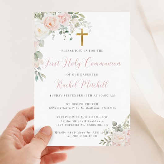 Blush Pink Eerste Heilige Communie Uitnodiging Tem