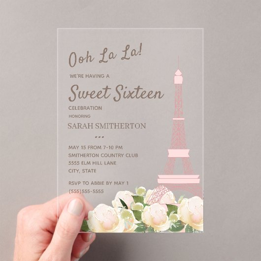 Blush Pink Eiffeltoren White Floral Sweet 16 Acryl Uitnodigingen (Insitu (Draagbaar))