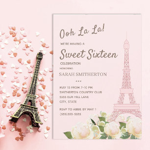 Blush Pink Eiffeltoren White Floral Sweet 16 Kaart