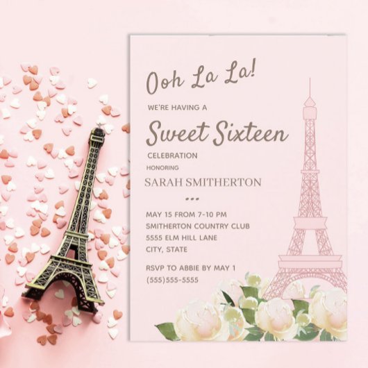 Blush Pink Eiffeltoren White Floral Sweet 16 Kaart