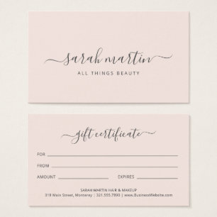 Blush Pink Elegant Beauty Salon Gift Certificate Visitekaartje