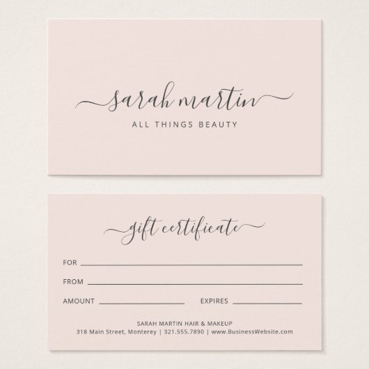 Blush Pink Elegant Beauty Salon Gift Certificate Visitekaartje (Voorkant /achterkant)