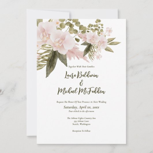 Blush Pink Elegant Bloemen met RSVP Kaart (Voorkant)