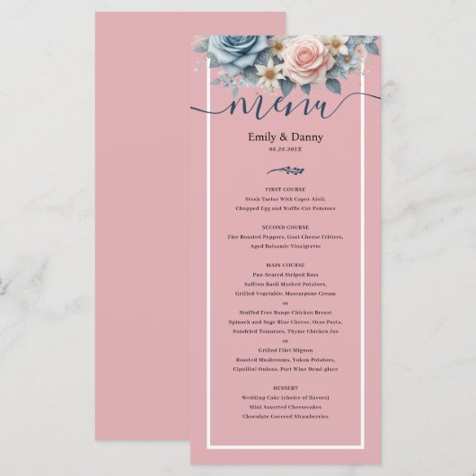 Blush Pink Elegant Botanisch Trouwmenu Menu (Voorkant / Achterkant)