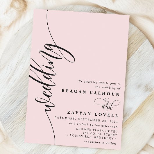 Blush Pink Elegant Calligraphy Script Wedding Kaart