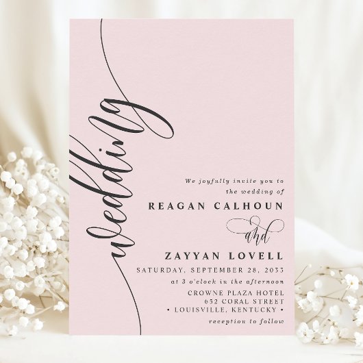 Blush Pink Elegant Calligraphy Script Wedding Kaart