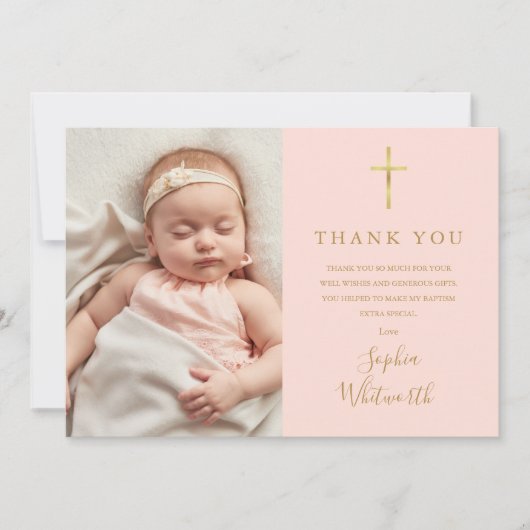 Blush Pink Elegant Gold Baptisme Christening Foto Bedankkaart (Voorkant)
