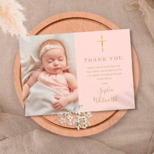 Blush Pink Elegant Gold Baptisme Christening Foto Bedankkaart