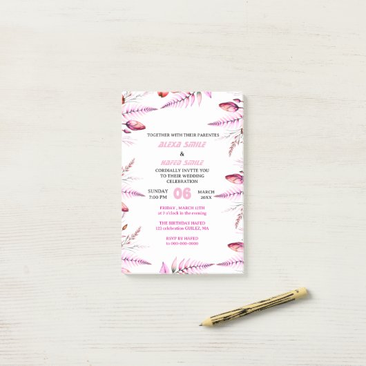 Blush Pink  Elegant Gold Wedding Invitation , Whit Post-it® Notes (Op bureau)