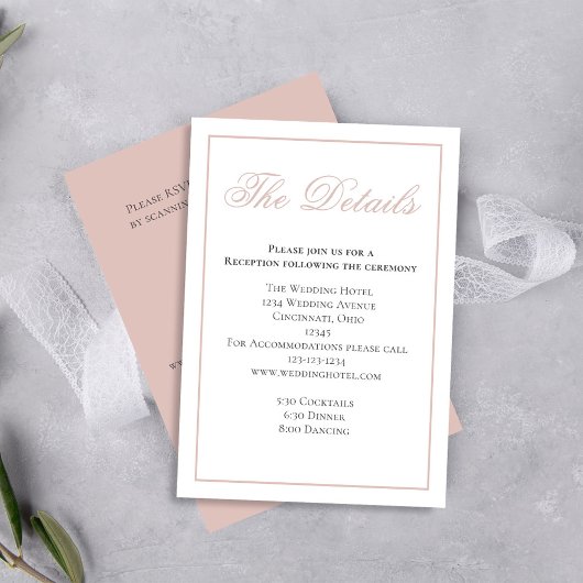 Blush Pink Elegant Kalligrafie Details RSVP Informatiekaartje