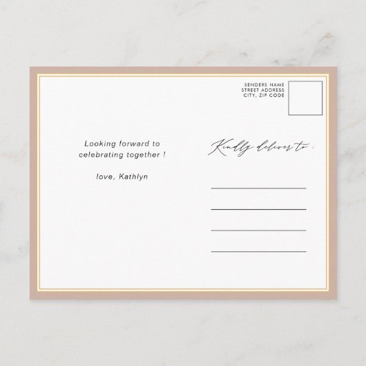 Blush Pink Elegant Script Modern Vrijgezellenfeest Uitnodiging Briefkaart (Achterkant)