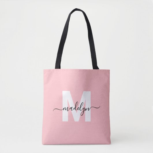 Blush Pink Elegant Script Naam Monogram Tote Bag (Voorkant)