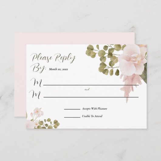 Blush Pink Elegant Waterverf Bloemen RSVP (Voorkant / Achterkant)