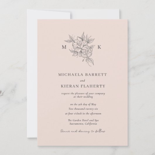 Blush Pink Elegante Botanische Monogram Huwelijk Kaart (Voorkant)
