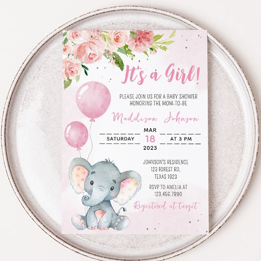 Blush Pink Elephant Baby shower Kaart