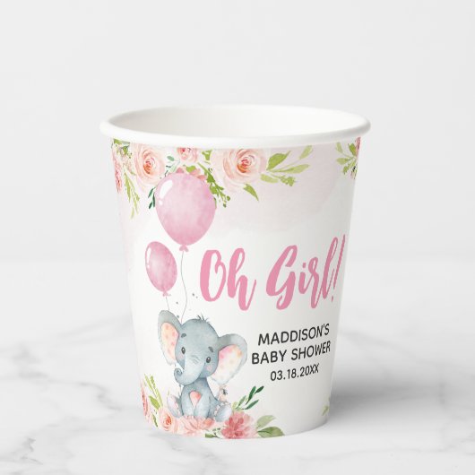 Blush Pink Elephant Baby shower Papieren Bekers (Voorkant)