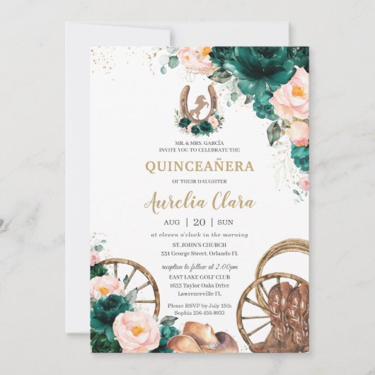 Blush Pink Emerald Green Wild West Quinceañera Kaart (Voorkant)