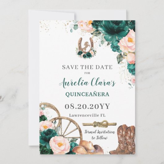 Blush Pink Emerald Green Wild West Quinceañera Save The Date (Voorkant)