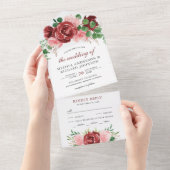 Blush Pink en Burgundy Red Floral Bouquet Wedding All In One Uitnodiging (Afscheurbaar)