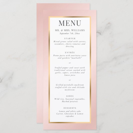 Blush Pink en Gold Elegant Modern Wedding Menu (Voorkant / Achterkant)