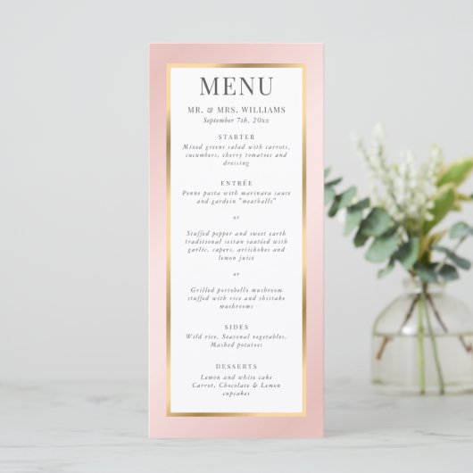 Blush Pink en Gold Elegant Modern Wedding Menu (Staand voorkant)