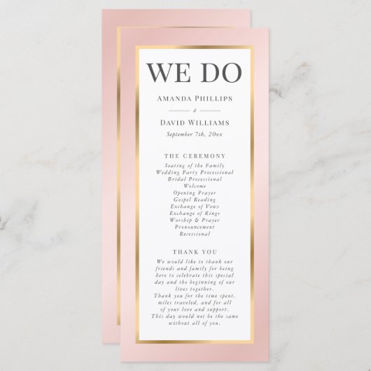 Blush Pink en Gold Elegant Modern Wedding Programmakaart (Voorkant / Achterkant)