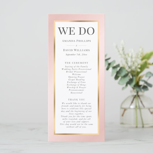 Blush Pink en Gold Elegant Modern Wedding Programmakaart (Staand voorkant)