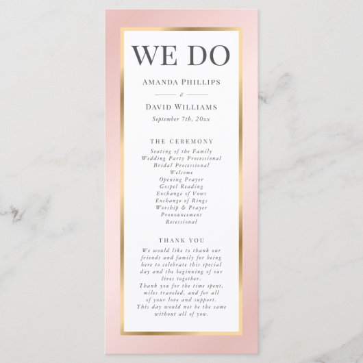 Blush Pink en Gold Elegant Modern Wedding Programmakaart (Voorkant)