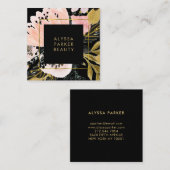 Blush Pink en Gold Floral op Black Vierkante Visitekaartje (Voorkant / Achterkant)