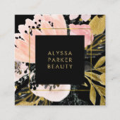 Blush Pink en Gold Floral op Black Vierkante Visitekaartje (Voorkant)
