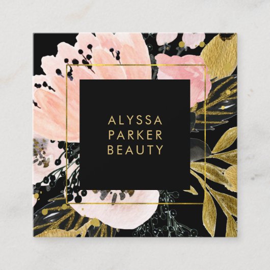 Blush Pink en Gold Floral op Black Vierkante Visitekaartje (Voorkant)