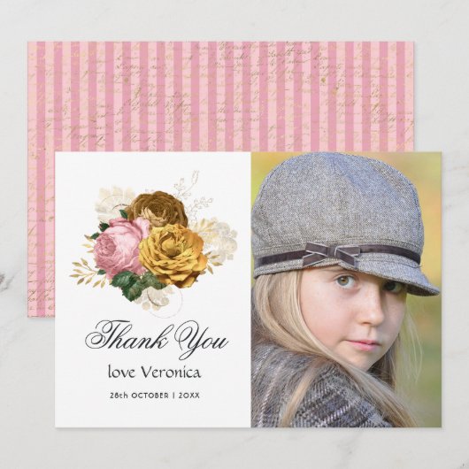  Blush Pink en Gold Floral Quinceañera Bedankkaart (Voorkant / Achterkant)