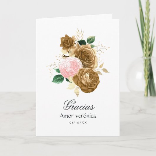  Blush Pink en Gold Floral Quinceañera Bedankkaart (Voorkant)