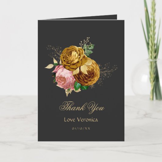  Blush Pink en Gold Floral Quinceañera Bedankkaart (Voorkant)