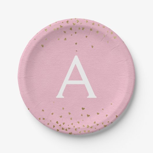 Blush Pink en Gold Foil Confetti Monogram Papieren Bordje (Voorkant)