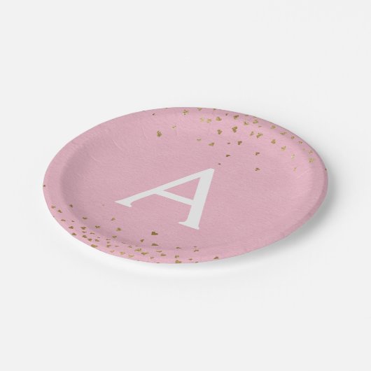 Blush Pink en Gold Foil Confetti Monogram Papieren Bordje (Gekanteld)