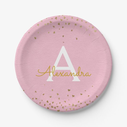 Blush Pink en Gold Foil Confetti Monogram Papieren Bordje (Voorkant)