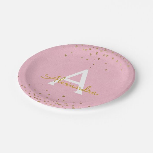 Blush Pink en Gold Foil Confetti Monogram Papieren Bordje (Gekanteld)