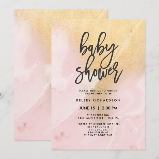 Blush Pink en Gold Marble | Baby shower Kaart (Voorkant / Achterkant)