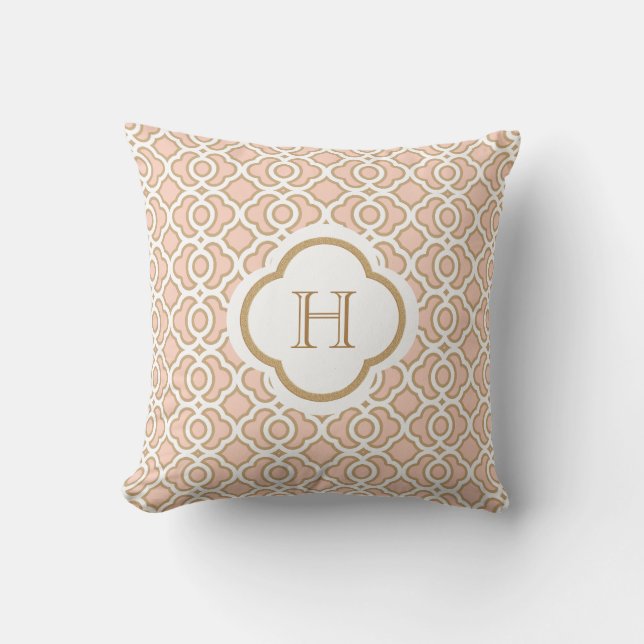 Blush PInk en Gold Moroccan Monogram Kussen (Voorkant)