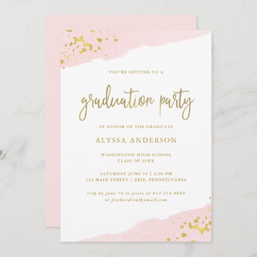Blush Pink en Gold | Waterverf Graduation Party Kaart (Voorkant / Achterkant)