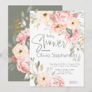 Blush Pink en Ivory Floral Baby shower Kaart