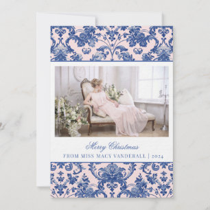 Blush Pink en Navy Blue Grandmillennial Damask Feestdagenkaart