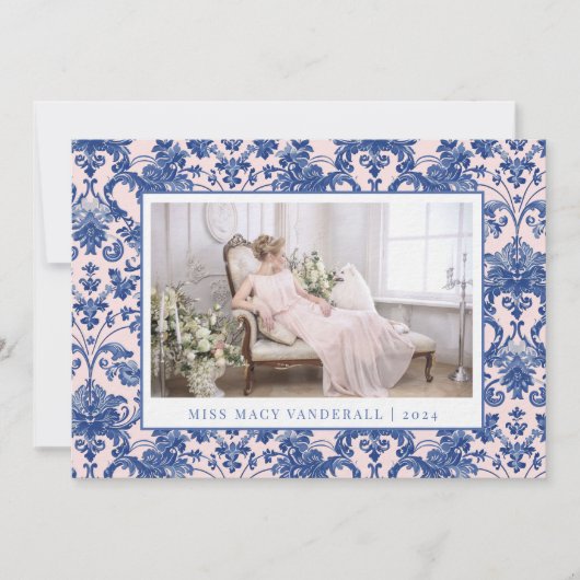 Blush Pink en Navy Blue Grandmillennial Damask Feestdagenkaart (Voorkant)