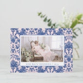 Blush Pink en Navy Blue Grandmillennial Damask Feestdagenkaart (Staand voorkant)