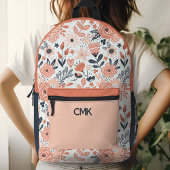 Blush Pink en Navy Blue Modern Floral Monogram Bedrukte Rugzak