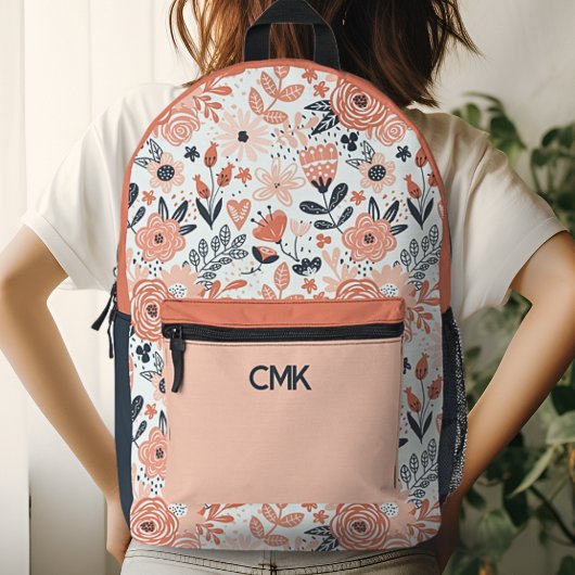 Blush Pink en Navy Blue Modern Floral Monogram Bedrukte Rugzak