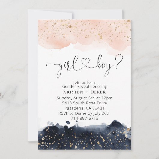 Blush Pink en Navy Blue Waterverf Gender Reveal Kaart (Voorkant)