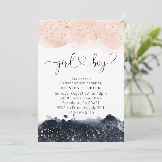 Blush Pink en Navy Blue Waterverf Gender Reveal Kaart (Staand voorkant)