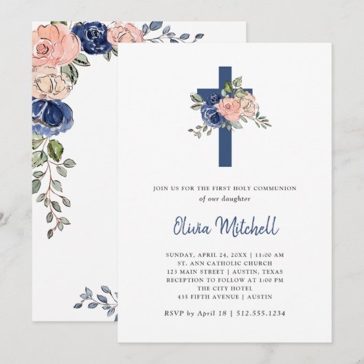 Blush Pink en Navy Floral | Eerste Heilige Communi Kaart (Voorkant / Achterkant)